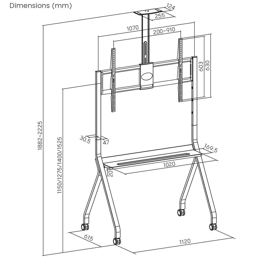 Maclean TV-Ständer/Wagen, Kameraablage, auf Rädern, 55-100", max. Belastung 120kg/10kg Ablage, max. VESA 900x600, schwarz, MC-114 B