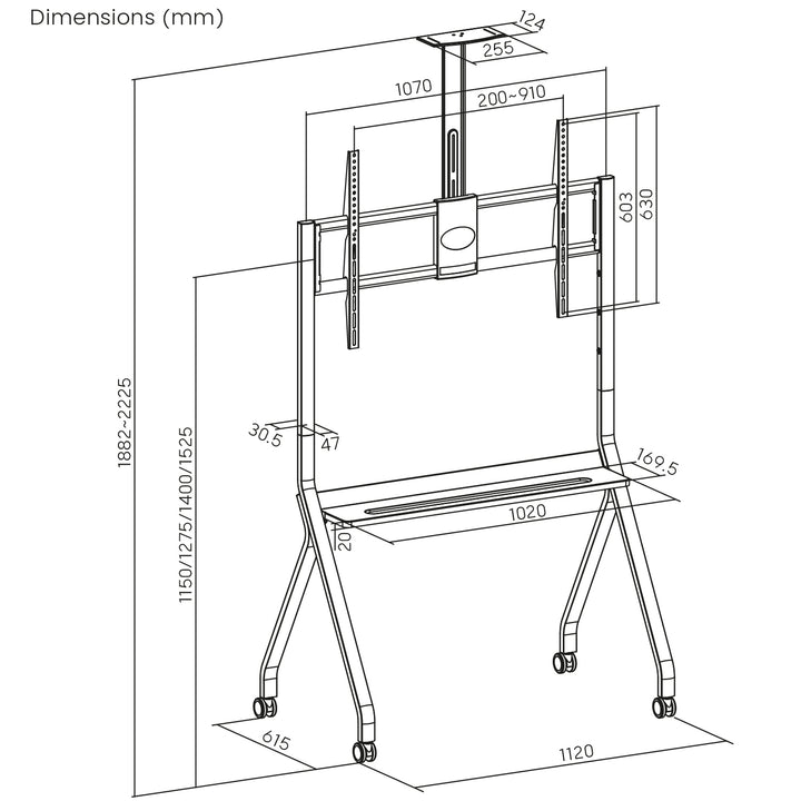 Maclean TV-Ständer/Wagen, Kameraablage, auf Rädern, 55-100", max. Belastung 120kg/10kg Ablage, max. VESA 900x600, schwarz, MC-114 B