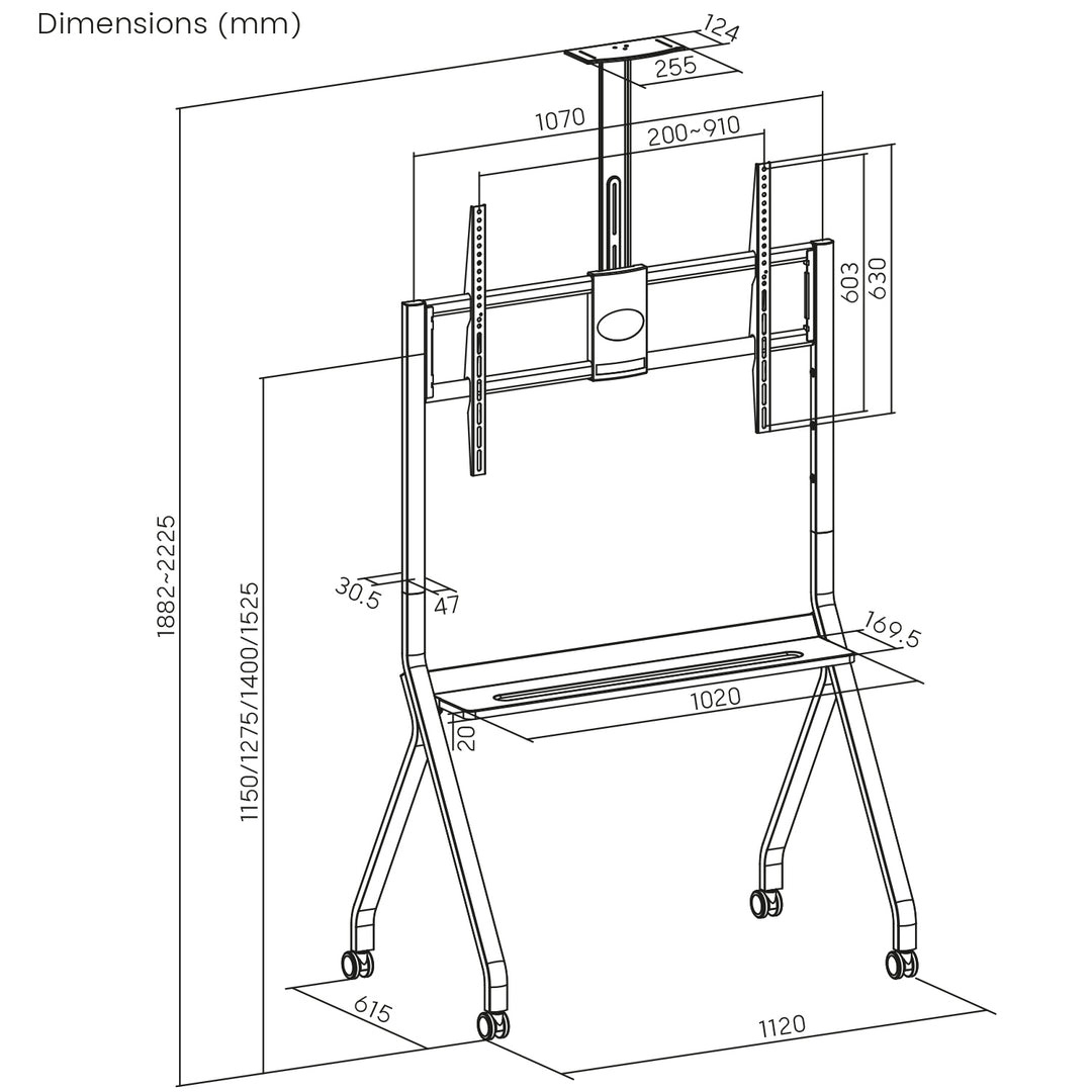 Maclean TV-Ständer/Wagen, Kameraablage, auf Rädern, 55-100", max. Belastung 120kg/10kg Ablage, max. VESA 900x600, weiß, MC-114 W