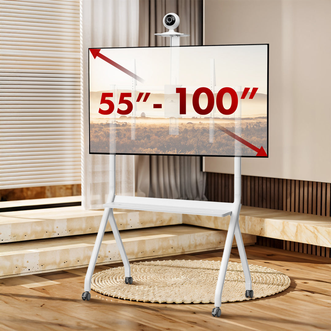 Maclean TV-Ständer/Wagen, Kameraablage, auf Rädern, 55-100", max. Belastung 120kg/10kg Ablage, max. VESA 900x600, weiß, MC-114 W