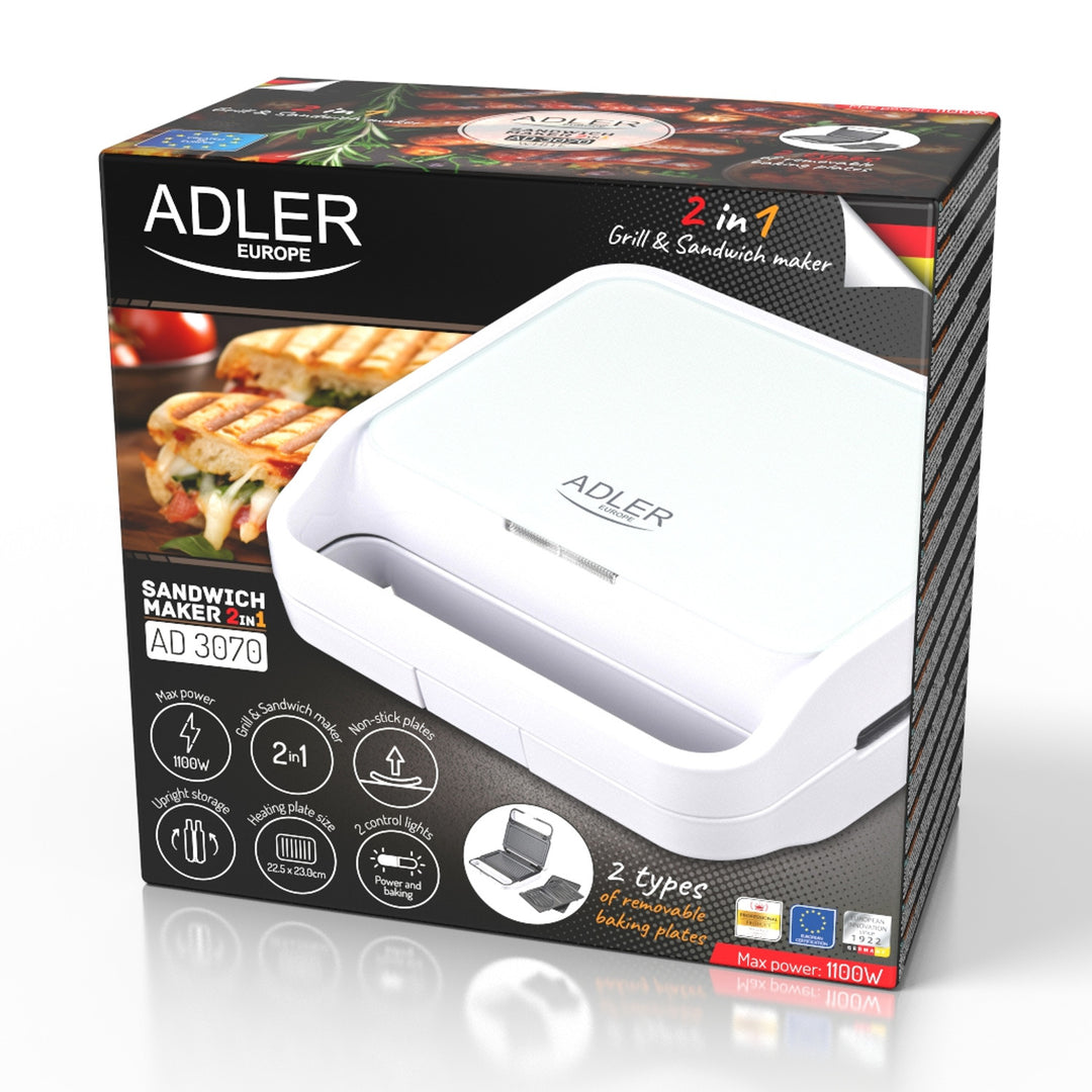 Adler Sandwichtoaster, Kontaktgrill, 1100W, weiß, AD 3070