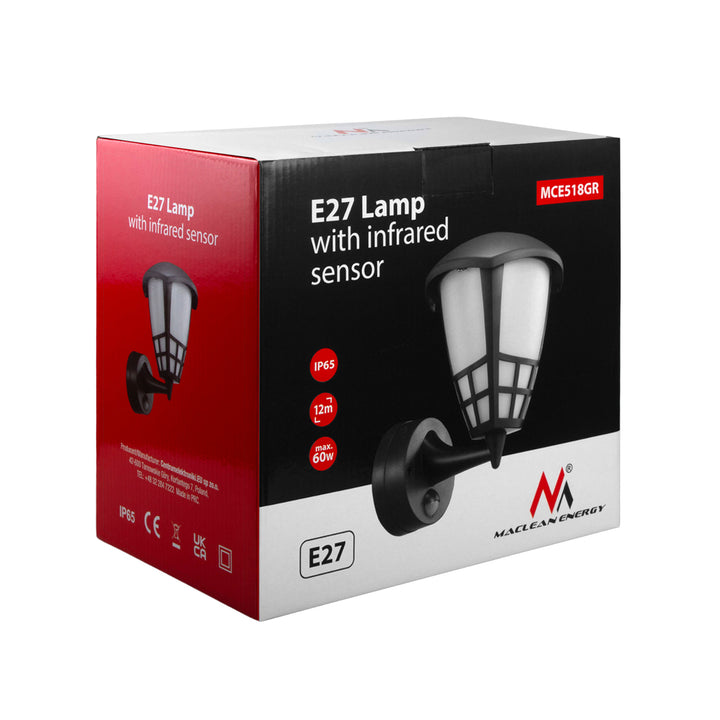 Wandleuchte 1xE27 mit Sensor Maclean, Infrarotsensor, max. Belastung 60W, IP65, Farbe grau, MCE518 GR + LED-Glühbirne E27, 4W 230V Maclean Energy MCE266 WW warmweiß 3000K 470lm Retro-Edison dekorativ