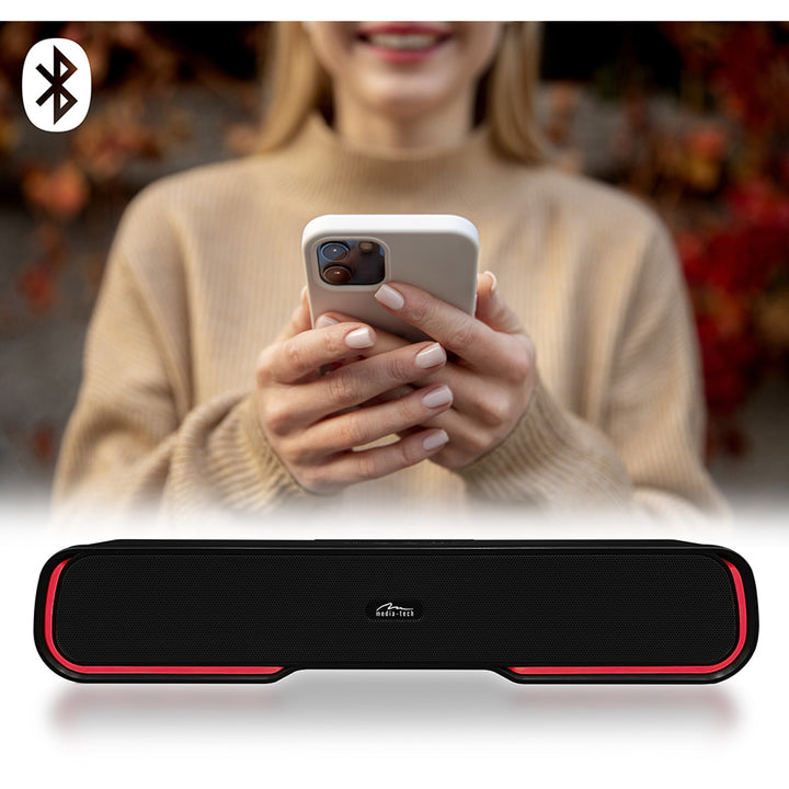 Tragbarer Bluetooth-Soundbar-Lautsprecher, mehrfarbige RGB-Hintergrundbeleuchtung, RMS 10 W, PMPO 450 W, FM-Radio, MP3. AUX, integrierte wiederaufladbare Batterie, Media-Tech PHANTOM BT