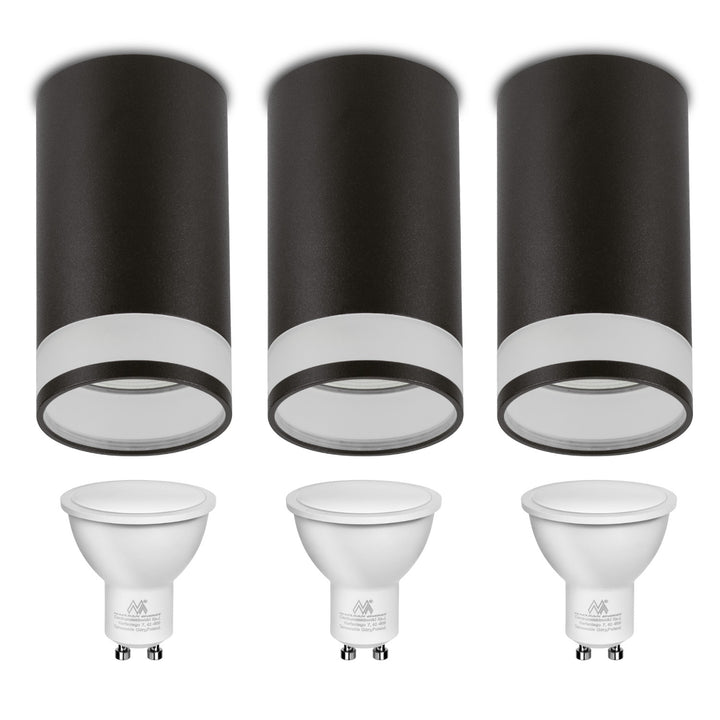 Maclean Anbauleuchte / Röhre, Spot, rund, Aluminium, GU10, 55x130mm, Farbe schwarz, MCE361 B 3Stk+ LED Leuchtmittel GU10 7W Maclean Energy MCE437 NW neutralweiß 4000K, 220-240V~, 50/60Hz, 490 3Stk