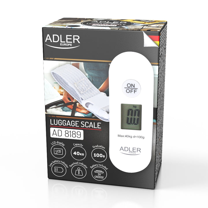 Gepäckwaage Adler, bis 40 kg, LCD-Anzeige, Tara- und Stabilisierungsfunktion, weiß und grau, AD 8189
