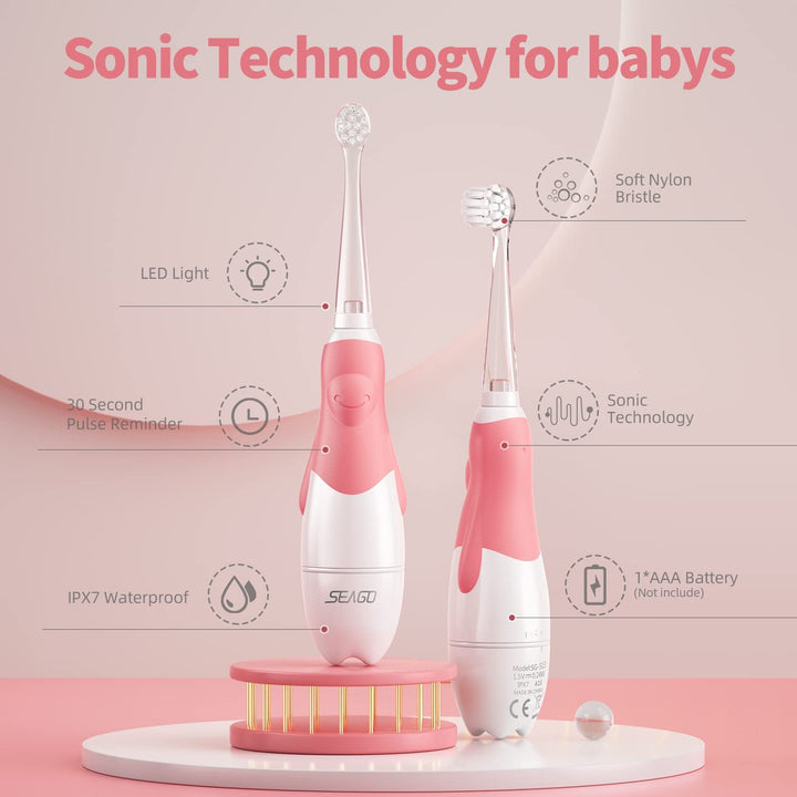 SEAGO Kinder-Schallzahnbürste, Farbe pink, 1xAA 1,5V (nicht enthalten), 4 Aufsätze, SG-513 Pink + Ersatzzahnbürstenset für SG-513, SG-977 SEAGO, 4 Stück, Farbe transparent, SG-513 Refill