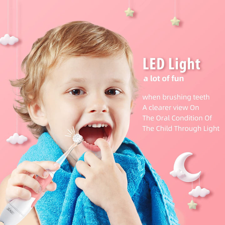 SEAGO Kinder-Schallzahnbürste, Farbe pink, 1xAA 1,5V (nicht enthalten), 4 Aufsätze, SG-513 Pink + Ersatzzahnbürstenset für SG-513, SG-977 SEAGO, 4 Stück, Farbe transparent, SG-513 Refill