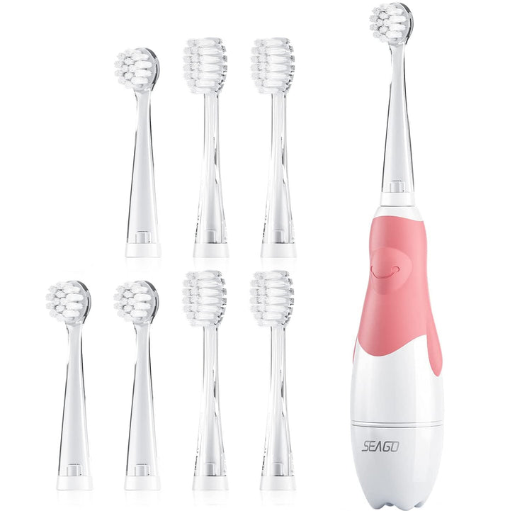 SEAGO Kinder-Schallzahnbürste, Farbe pink, 1xAA 1,5V (nicht enthalten), 4 Aufsätze, SG-513 Pink + Ersatzzahnbürstenset für SG-513, SG-977 SEAGO, 4 Stück, Farbe transparent, SG-513 Refill