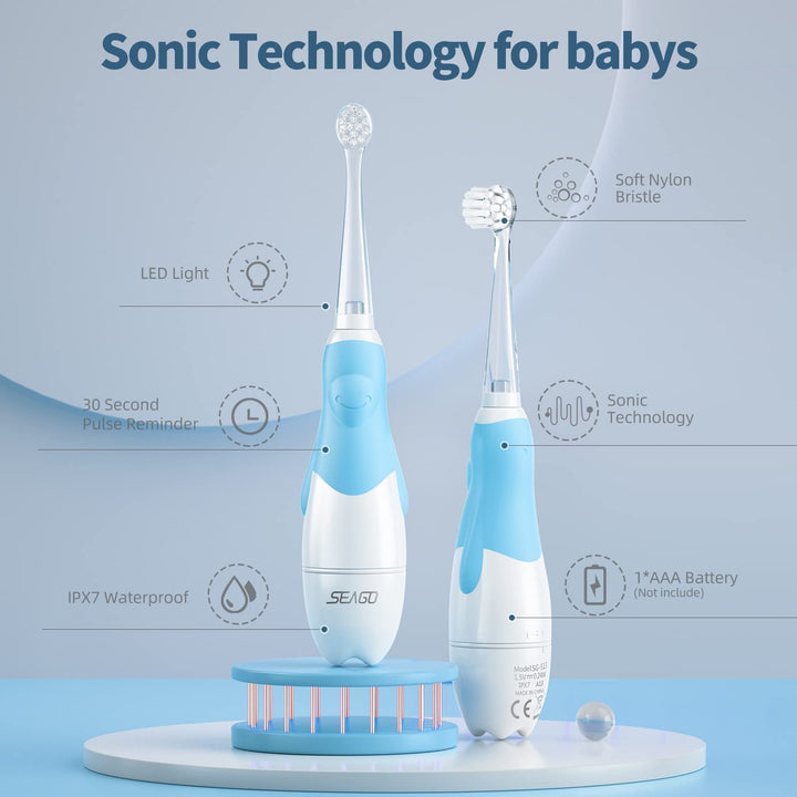 SEAGO Kinder-Schallzahnbürste, Farbe blau, 1xAA 1,5V (nicht enthalten), 4 Aufsätze, SG-513 Blau + Ersatzzahnbürstenset für SG-513, SG-977 SEAGO, 4 Stück, Farbe transparent, SG-513 Refill