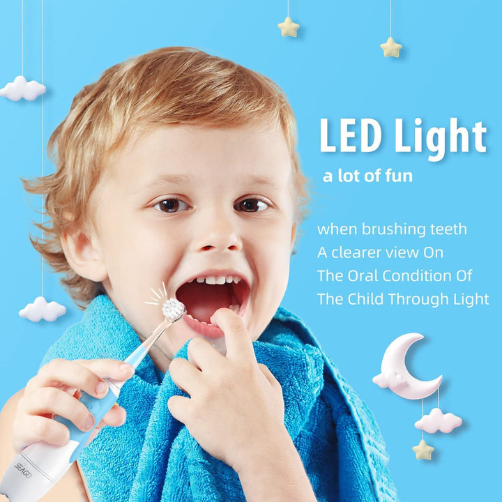 SEAGO Kinder-Schallzahnbürste, Farbe blau, 1xAA 1,5V (nicht enthalten), 4 Aufsätze, SG-513 Blau + Ersatzzahnbürstenset für SG-513, SG-977 SEAGO, 4 Stück, Farbe transparent, SG-513 Refill
