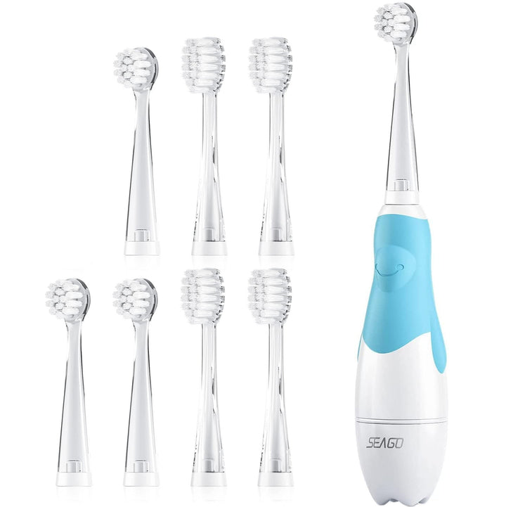 SEAGO Kinder-Schallzahnbürste, Farbe blau, 1xAA 1,5V (nicht enthalten), 4 Aufsätze, SG-513 Blau + Ersatzzahnbürstenset für SG-513, SG-977 SEAGO, 4 Stück, Farbe transparent, SG-513 Refill