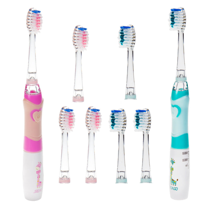 SEAGO Kinder-Schallzahnbürste, rosa, 3 Ersatzzahnbürsten, SG-977 Rosa + SEAGO Kinder-Schallzahnbürste, grün, 3 Spitzen,SG-977 Grün