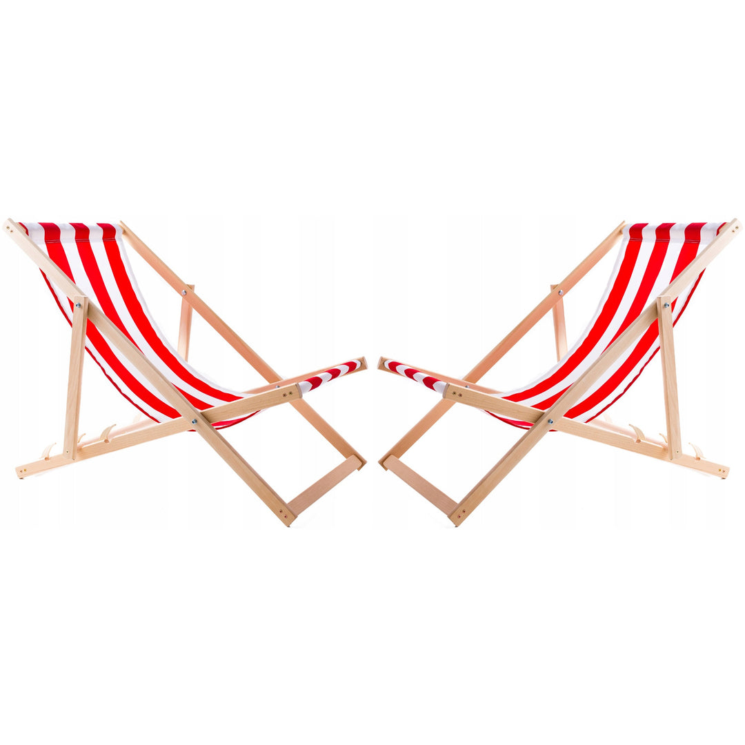 2er Set  2x Liegestühlen, rot gestreift + Couchtisch aus Holz Woodok
