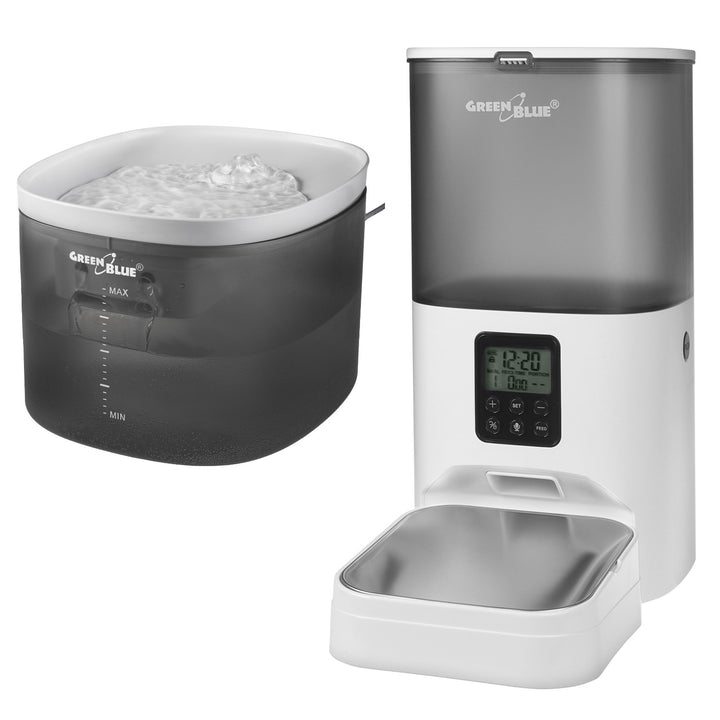 GreenBlue automatischer Wasserspender für Haustiere, 3L, USB 5V1A, GB392 + GreenBlue automatischer Futterspender / Futterautomat für Haustiere, 6L, USB 5V1A, GB393