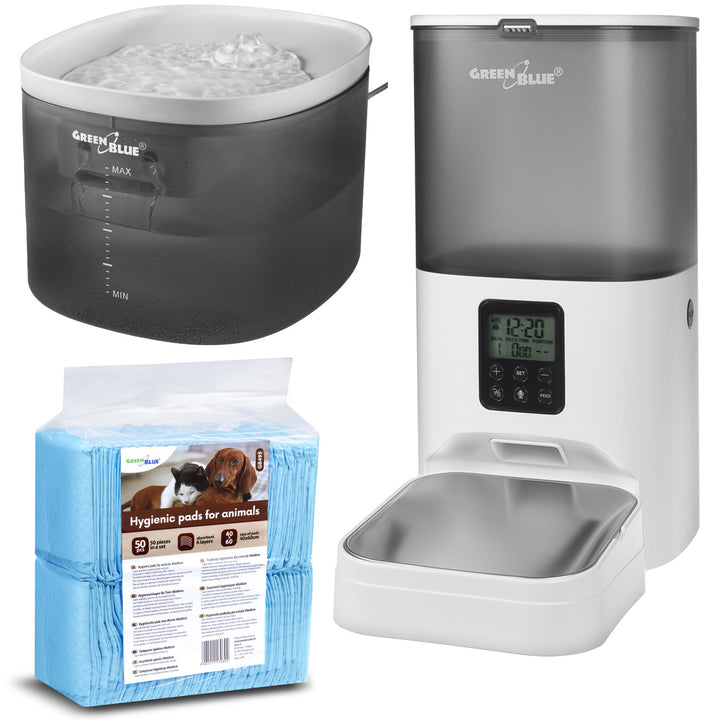 GreenBlue GB392 automatischer Wasserspender für Haustiere + GreenBlue GB393 automatischer Futterspender für Haustiere + 60x40cm, + 50x Trainingspads, GB495