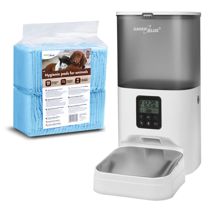 GreenBlue automatischer Futterspender für Haustiere, 6L, USB 5V1A, GB393 + GreenBlue Hunde-/Katzenhygienematten,  Trainingspads 60x40cm, 50 Stück, GB495
