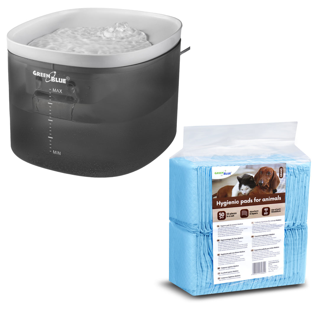 GreenBlue automatischer Wasserspender / Haustiertränke, 3L, USB 5V1A, GB392 + GreenBlue Hunde-/Katzenhygienematten, Trainingpads, 60x40cm, 50 Stück, GB495