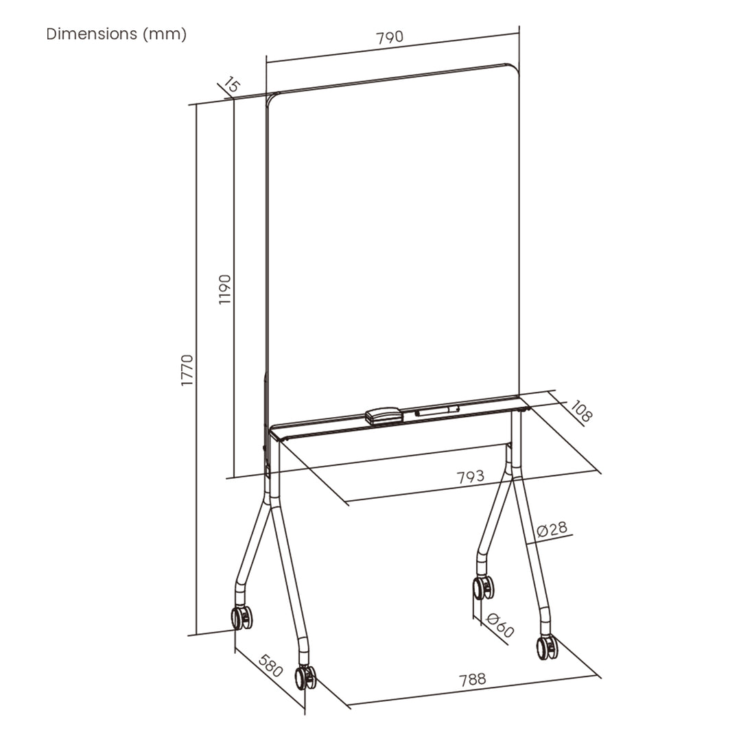 Ergo Office mobile Schreibtafel, vertikale Ausrichtung, weiß, einseitig, mit Ablage, Tafelgröße 1190x790mm, ER-305