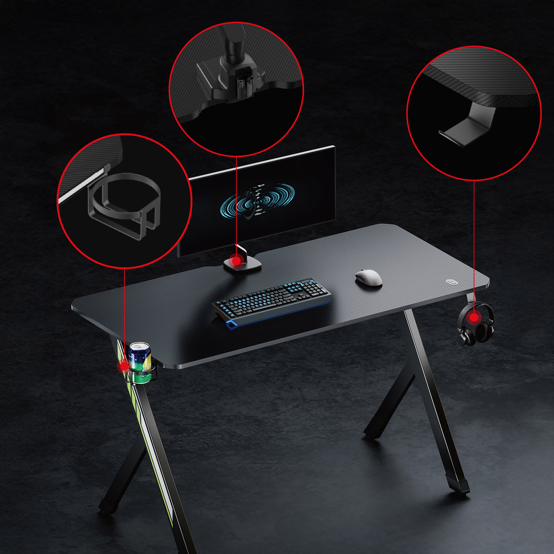 NanoRS Gaming-Tisch, schwarz, mit Kopfhörer- und Becherhalter, max. 75kg, Abmessungen 1200x600x750mm, RS101
