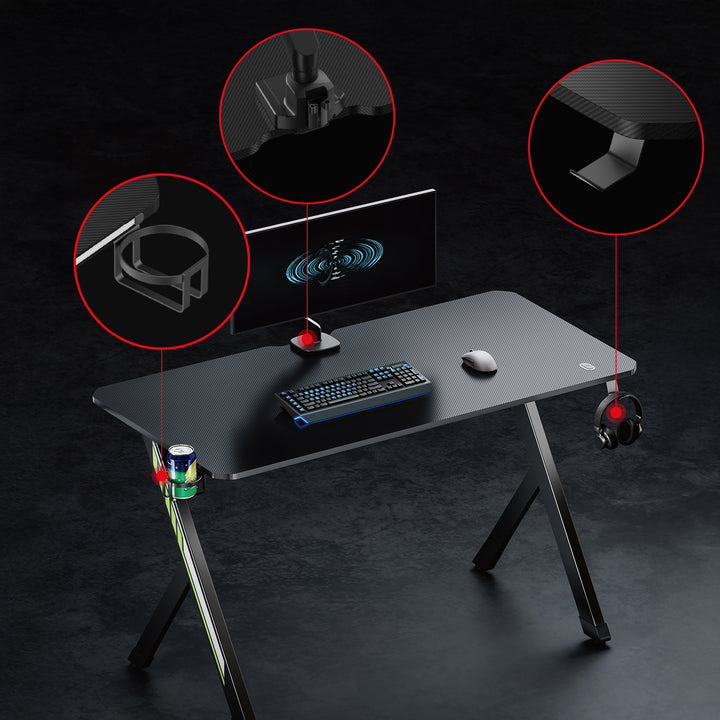 NanoRS Gaming-Tisch, schwarz, mit Kopfhörer- und Becherhalter, max. 75kg, Abmessungen 1200x600x750mm, RS101