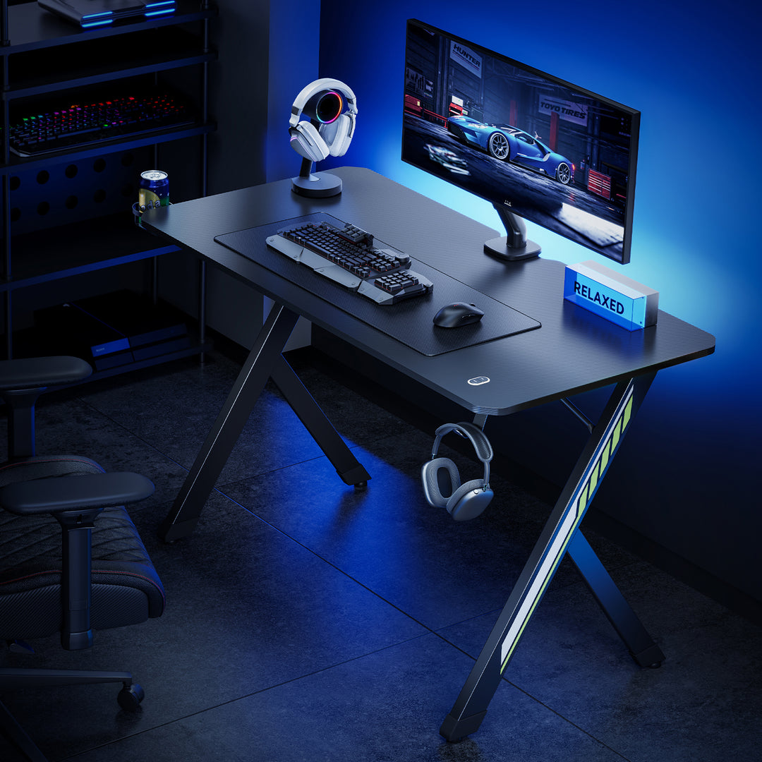 NanoRS Gaming-Tisch, schwarz, mit Kopfhörer- und Becherhalter, max. 75kg, Abmessungen 1200x600x750mm, RS101