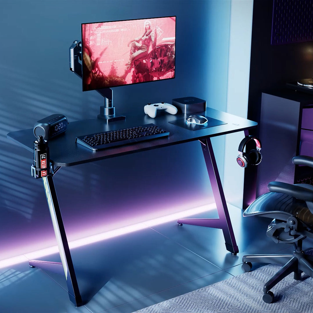 NanoRS Gaming-Tisch, schwarz, mit Kopfhörer- und Becherhalter, max. 75kg, Abmessungen 1200x600x750mm, RS101