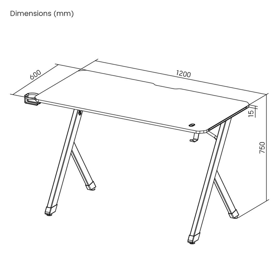 NanoRS Gaming-Tisch, schwarz, mit Kopfhörer- und Becherhalter, RGB-Hintergrundbeleuchtung, max. 75kg, Abmessungen 1200x600x750mm, RS102
