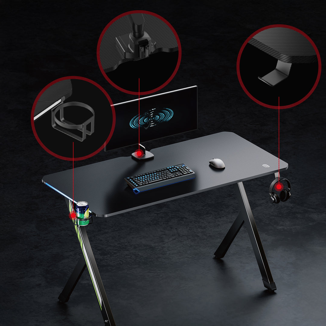 NanoRS Gaming-Tisch, schwarz, mit Kopfhörer- und Becherhalter, RGB-Hintergrundbeleuchtung, max. 75kg, Abmessungen 1200x600x750mm, RS102