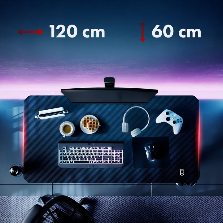 NanoRS Gaming-Tisch, schwarz, mit Kopfhörer- und Becherhalter, RGB-Hintergrundbeleuchtung, max. 75kg, Abmessungen 1200x600x750mm, RS102