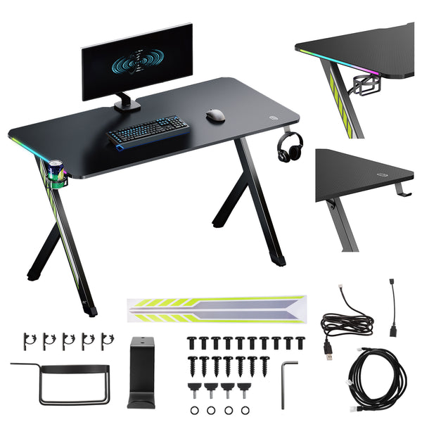 NanoRS Gaming-Tisch, schwarz, mit Kopfhörer- und Becherhalter, RGB-Hintergrundbeleuchtung, max. 75kg, Abmessungen 1200x600x750mm, RS102