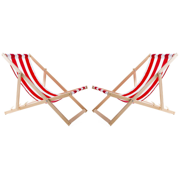 2 bequeme Liegestühle aus Holz, rote Streifen, ideal für den Strand, Balkon, Terrasse, montiert