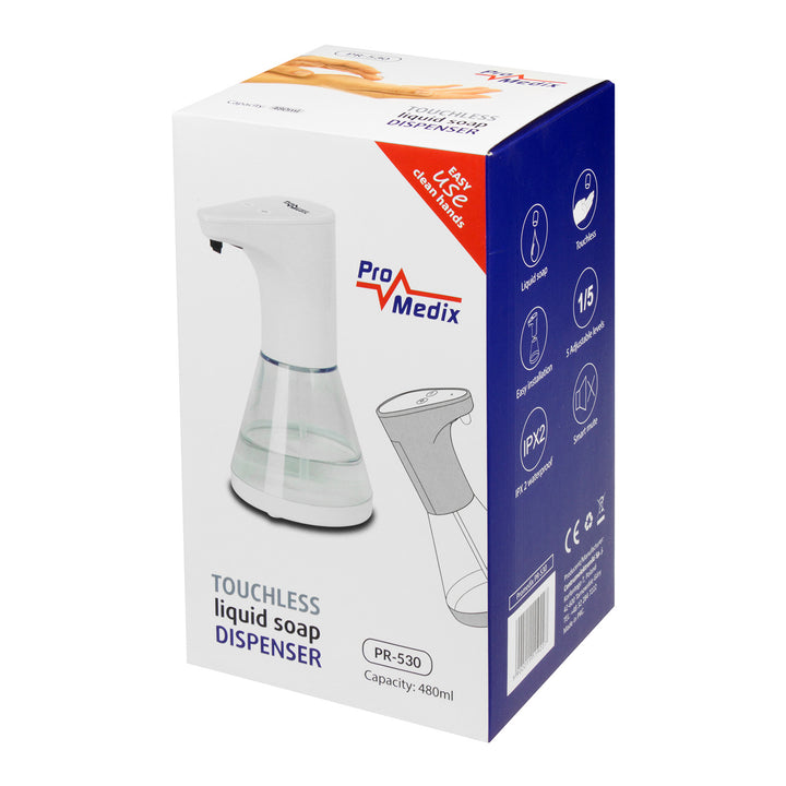 Promedix automatischer Seifenspender, Spenderbehälter für Flüssigseifen, Desinfektionsflüssigkeiten, 480ml, 4xAA PR-530 + 4x Varta Industrial LR6/AA R-06 Batterien