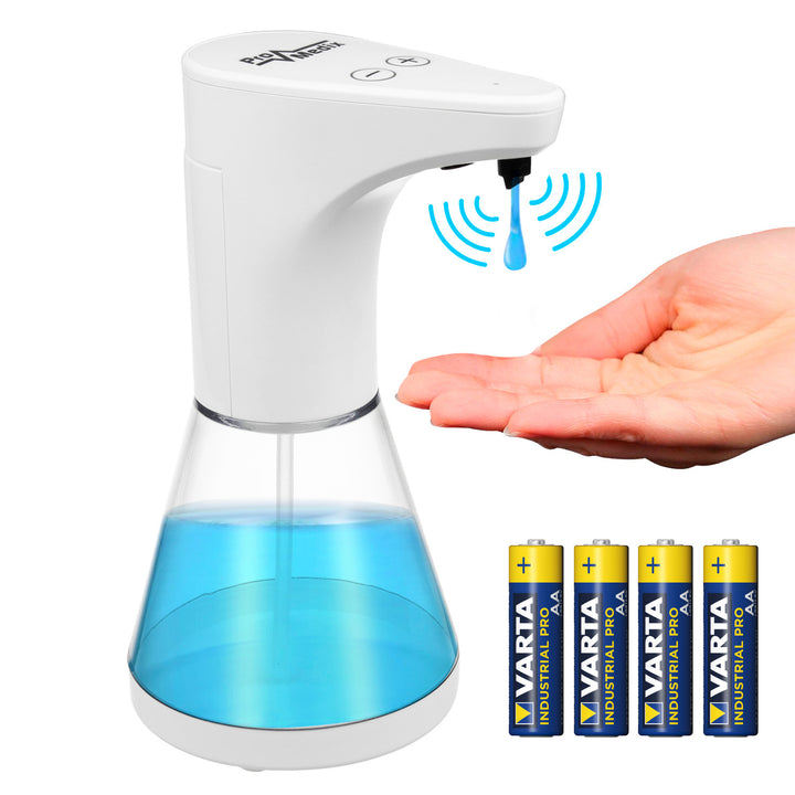 Promedix automatischer Seifenspender, Spenderbehälter für Flüssigseifen, Desinfektionsflüssigkeiten, 480ml, 4xAA PR-530 + 4x Varta Industrial LR6/AA R-06 Batterien