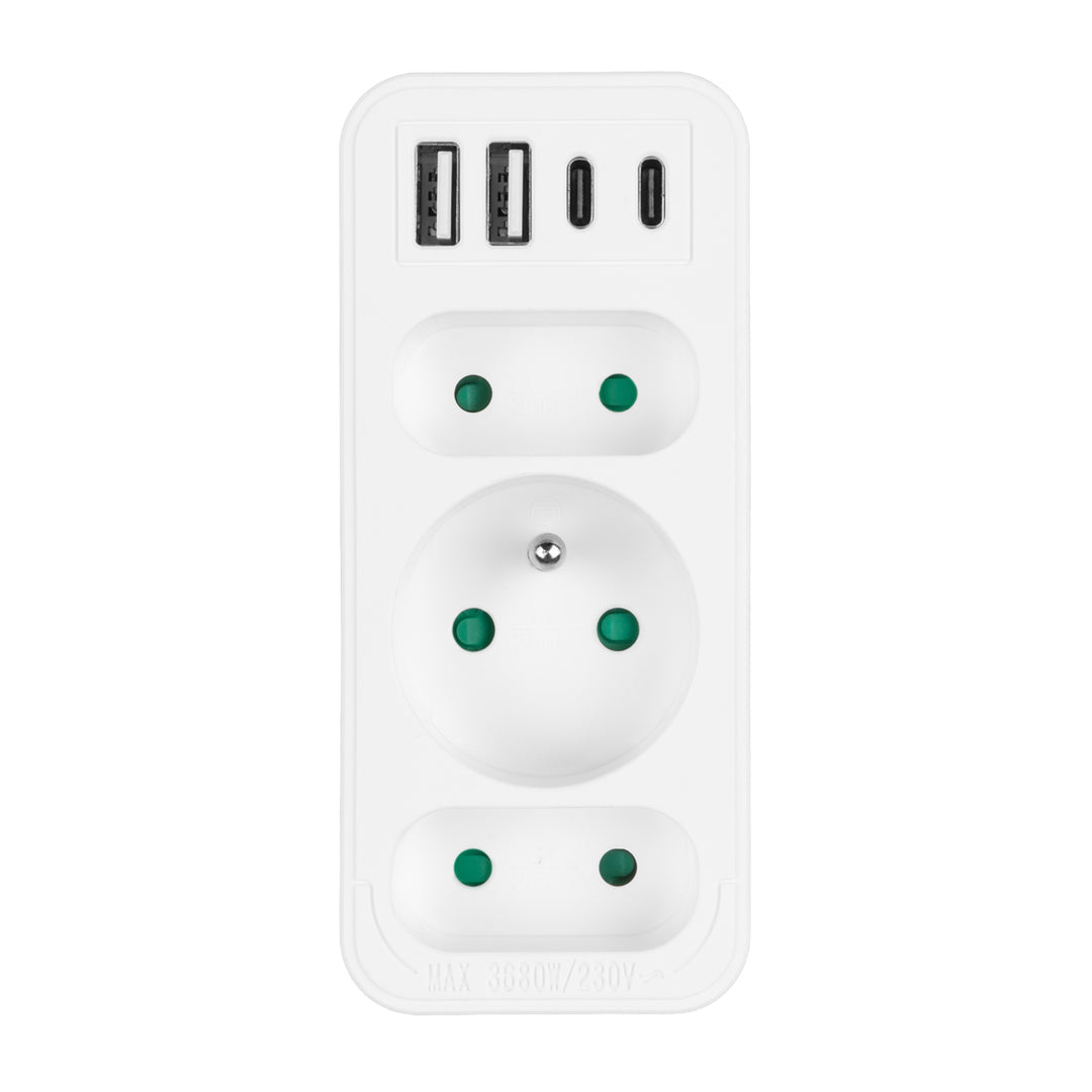 Stromanschluss x3 + 4xUSB Maclean, 3-Steckdosen-Verteiler, 2xUSB A, 2xUSB C PD 20W, 1x16A + 2x6A, MCE248 F/W