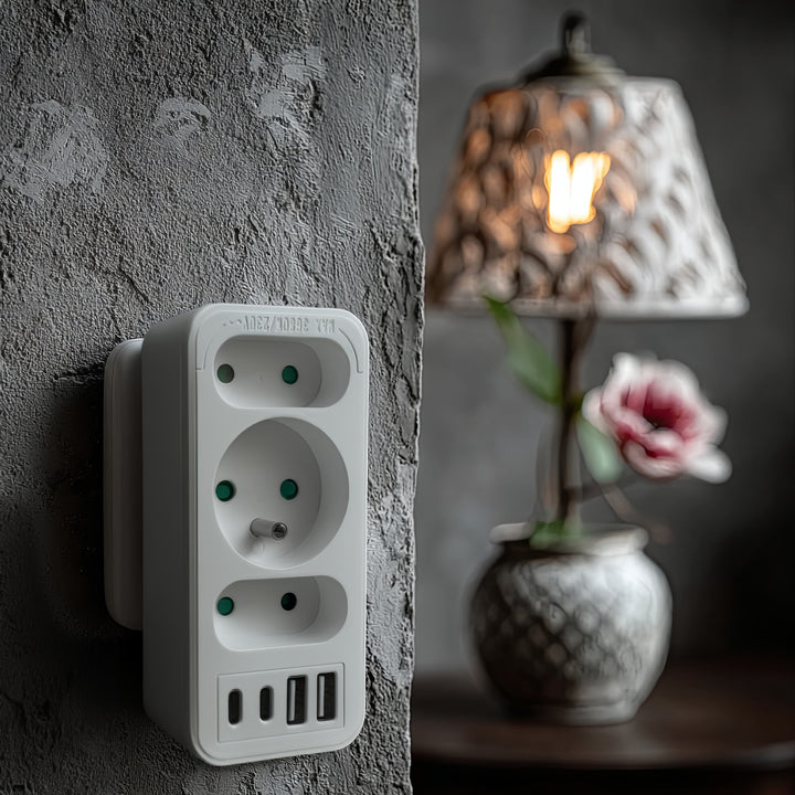 Stromanschluss x3 + 4xUSB Maclean, 3-Steckdosen-Verteiler, 2xUSB A, 2xUSB C PD 20W, 1x16A + 2x6A, MCE248 F/W