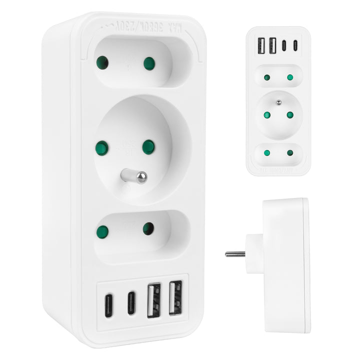 Stromanschluss x3 + 4xUSB Maclean, 3-Steckdosen-Verteiler, 2xUSB A, 2xUSB C PD 20W, 1x16A + 2x6A, MCE248 F/W