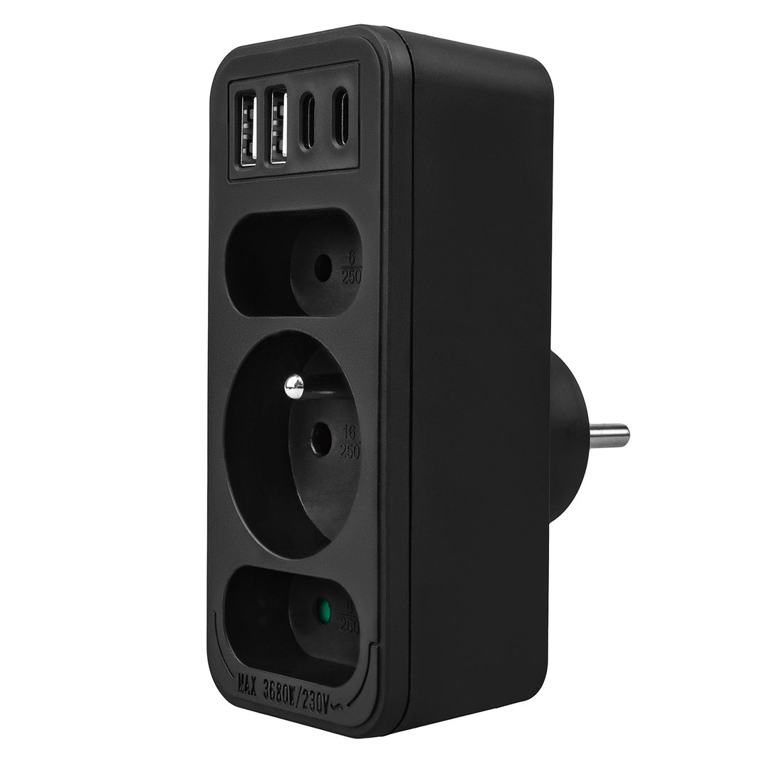 Stromanschluss x3 + 4xUSB Maclean, 3-Steckdosen-Verteiler, 2xUSB A, 2xUSB C PD 20W, 1x16A + 2x6A, MCE248 F/B