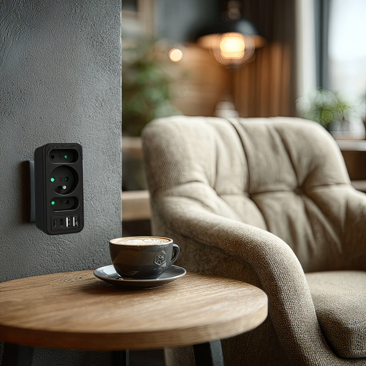 Stromanschluss x3 + 4xUSB Maclean, 3-Steckdosen-Verteiler, 2xUSB A, 2xUSB C PD 20W, 1x16A + 2x6A, MCE248 F/B