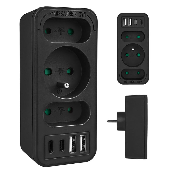 Stromanschluss x3 + 4xUSB Maclean, 3-Steckdosen-Verteiler, 2xUSB A, 2xUSB C PD 20W, 1x16A + 2x6A, MCE248 F/B