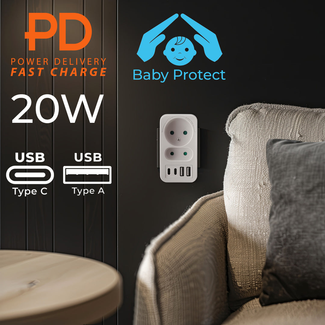 Maclean Stromsteckdose x2 + 4xUSB, Verteiler mit 2 Steckdosen, 2xUSB A, 2xUSB C PD 20W, 1x16A + 1x6A, MCE249 F/W