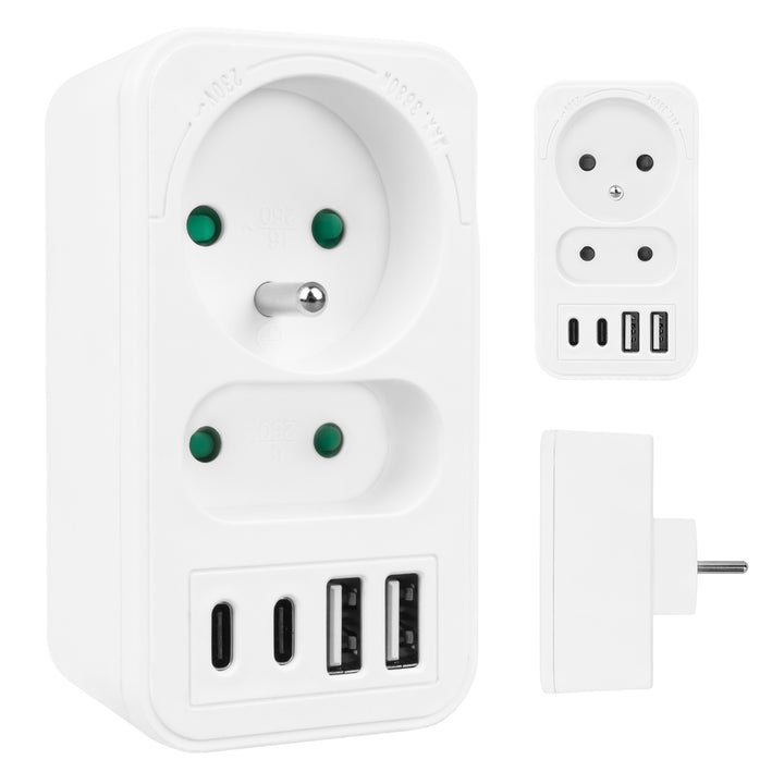 Maclean Stromsteckdose x2 + 4xUSB, Verteiler mit 2 Steckdosen, 2xUSB A, 2xUSB C PD 20W, 1x16A + 1x6A, MCE249 F/W