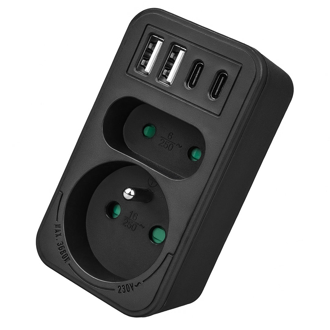 Maclean Stromsteckdose x2 + 4xUSB, Verteiler mit 2 Steckdosen, 2xUSB A, 2xUSB C PD 20W, 1x16A + 1x6A, MCE249 F/W
