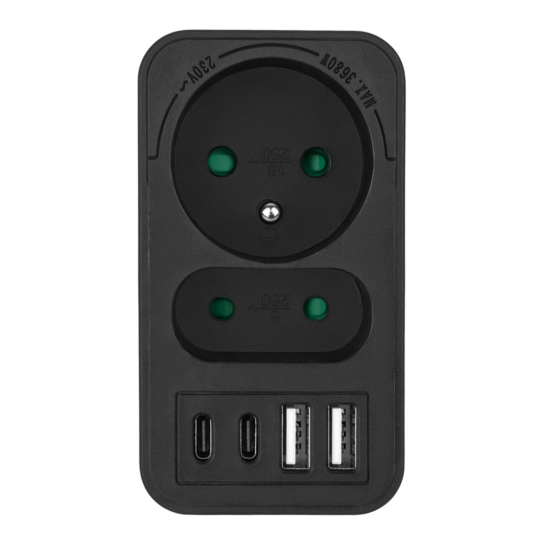Maclean Stromsteckdose x2 + 4xUSB, Verteiler mit 2 Steckdosen, 2xUSB A, 2xUSB C PD 20W, 1x16A + 1x6A, MCE249 F/W
