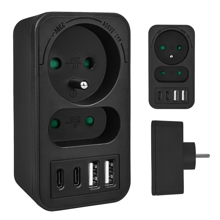 Maclean Stromsteckdose x2 + 4xUSB, Verteiler mit 2 Steckdosen, 2xUSB A, 2xUSB C PD 20W, 1x16A + 1x6A, MCE249 F/W