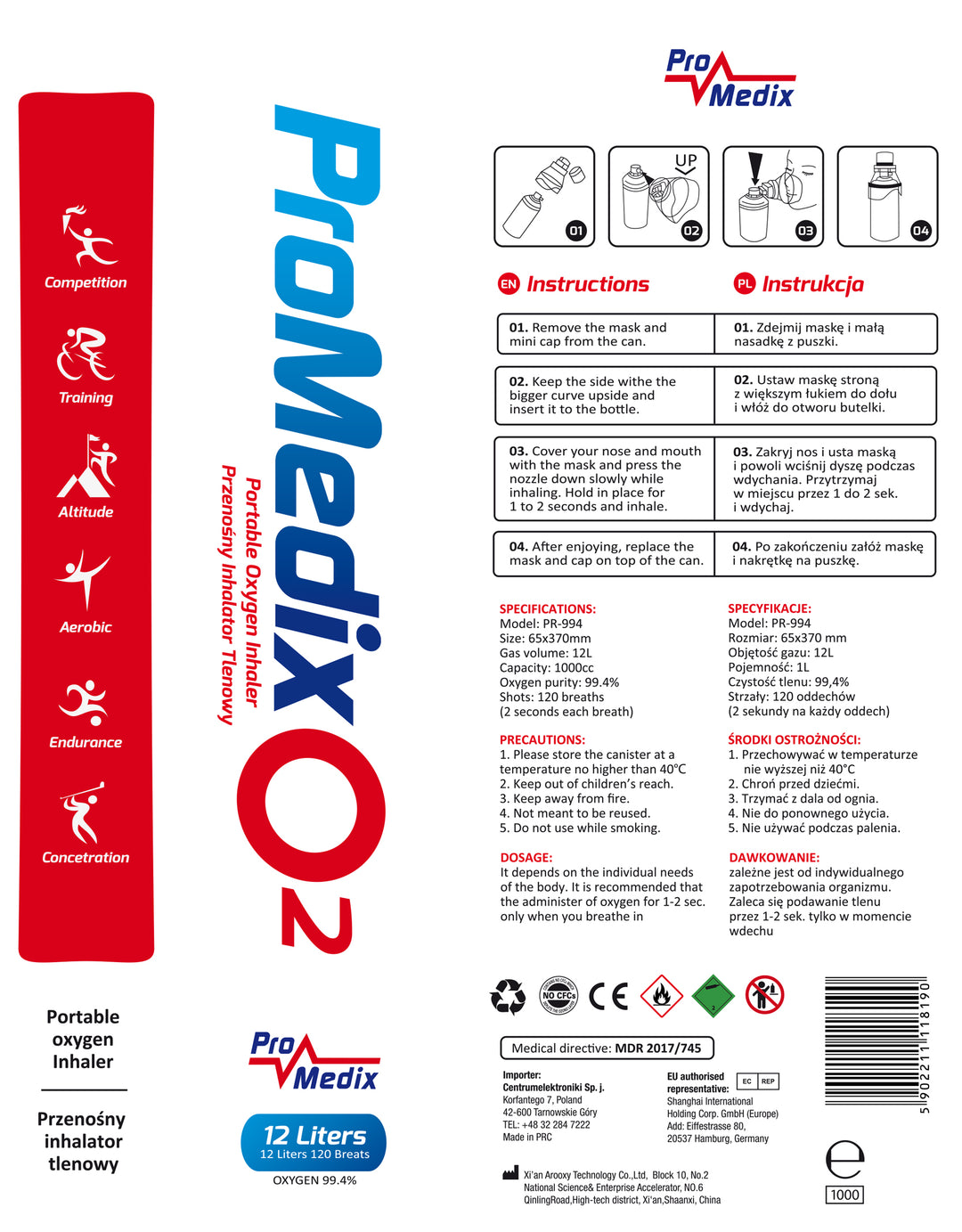 Tragbares 99,4% Sauerstoff-Inhalationsgerät Promedix 12L, PR-994, 10 Stück