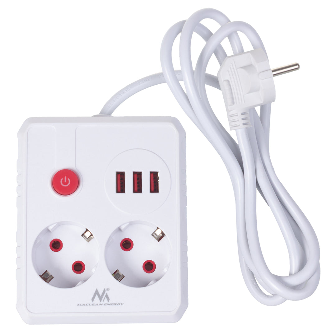 Maclean Steckdosenleiste, Verlängerungskabel 2 Steckdosen + 3xUSB, 110-240V AC 50/60Hz, 2,1A max 2500W, 1,5m, weiß, MCE387 W