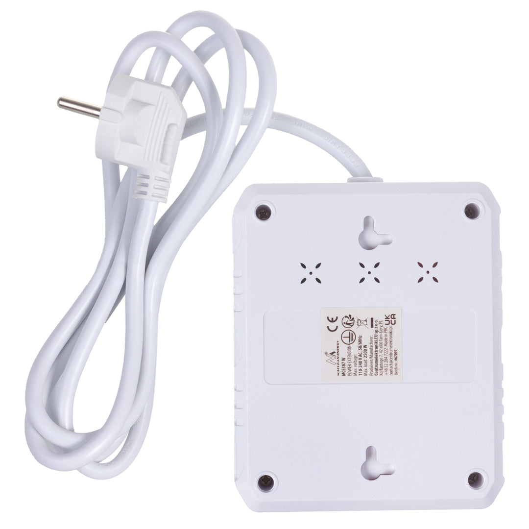 Maclean Steckdosenleiste, Verlängerungskabel 2 Steckdosen + 3xUSB, 110-240V AC 50/60Hz, 2,1A max 2500W, 1,5m, weiß, MCE387 W