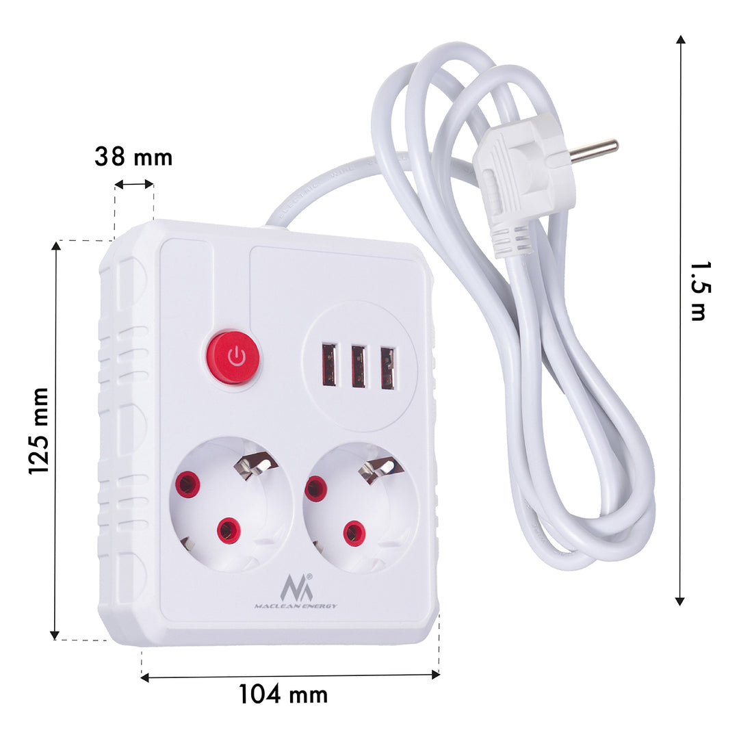 Maclean Steckdosenleiste, Verlängerungskabel 2 Steckdosen + 3xUSB, 110-240V AC 50/60Hz, 2,1A max 2500W, 1,5m, weiß, MCE387 W