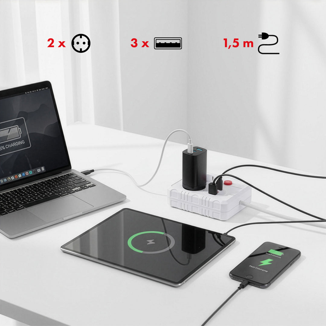 Maclean Steckdosenleiste, Verlängerungskabel 2 Steckdosen + 3xUSB, 110-240V AC 50/60Hz, 2,1A max 2500W, 1,5m, weiß, MCE387 W