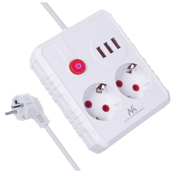 Maclean Steckdosenleiste, Verlängerungskabel 2 Steckdosen + 3xUSB, 110-240V AC 50/60Hz, 2,1A max 2500W, 1,5m, weiß, MCE387 W